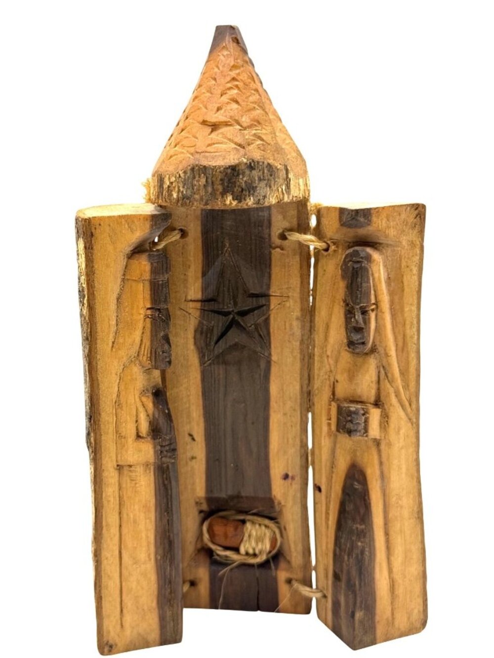 VTG Folding Nativity Triptych Folk Art Manger Scene Kenyan Olive Wood Hand Carve